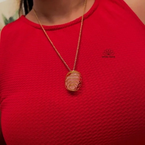 Rose Quartz Necklace | Gold Plated Stainless Steel Chain | Spiral Wired - Picture 6 of 11